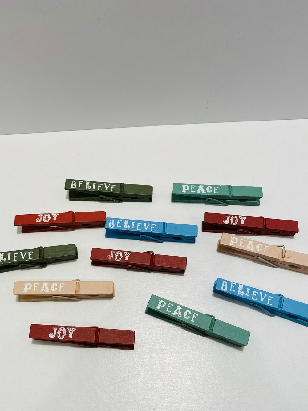 Decorative Holiday Clothespin Set of 12- Joy Believe Peace Hand Made